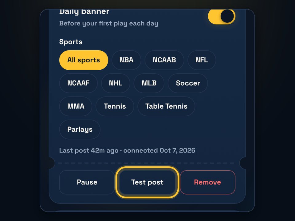 Channel card with sports and the Test post button