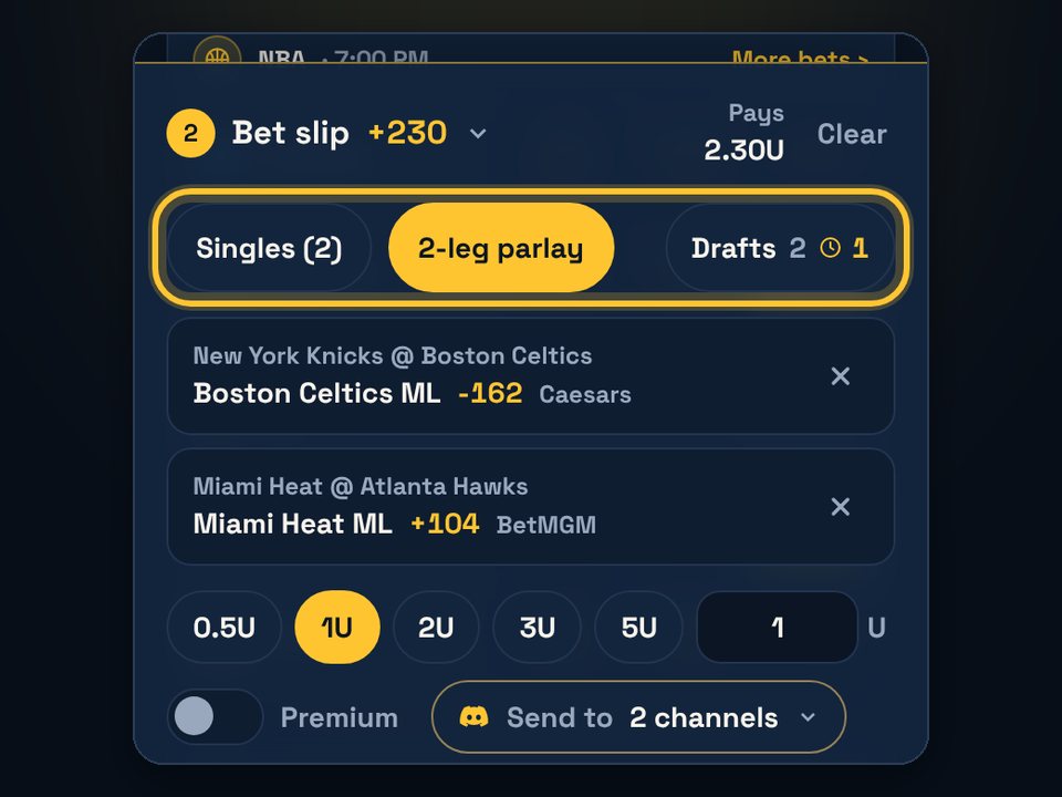 Bet slip with two picks and Parlay selected