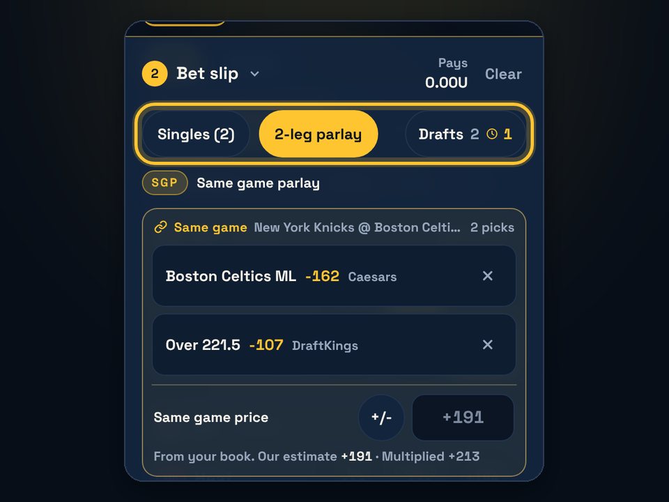 Bet slip showing a same game parlay